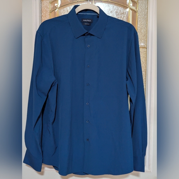 S451 Nautica Classic Navy Dress Shirt, Size L - Picture 1 of 8